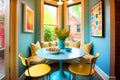 A bright and cheerful breakfast nook with a round table and matching chairs. Generative Ai