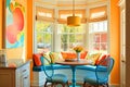 A bright and cheerful breakfast nook with a round table and matching chairs. Generative Ai