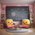 Bright and Cheerful Classroom With Yellow Sofa Seats and Chalkboard Filled With Math Equations in a Playful Setting for Royalty Free Stock Photo