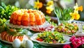 Bright and Cheerful Easter Buffet with Savory Cake and Sliced Meats