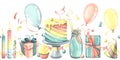 Bright, cheerful, festive, seamless border with champagne, cake, gifts, balloons and confetti, flags. Watercolor Royalty Free Stock Photo