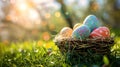 Sunny Spring Basket: Colorful Easter Eggs on Fresh Grass Royalty Free Stock Photo