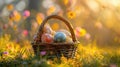 Sunny Spring Basket: Colorful Easter Eggs on Fresh Grass Royalty Free Stock Photo