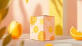 Bright and cheerful orange-themed packaging displayed on a pastel background with vibrant fruit accents and soft lighting at Royalty Free Stock Photo