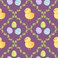 Bright and cheerful pattern featuring chicks and colorful eggs for festive spring celebrations Royalty Free Stock Photo