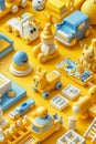 Bright and Cheerful Yellow and Blue Toy Set with Cars, Trucks, and Animal Figures on a Vibrant Background Royalty Free Stock Photo