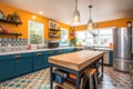 bright and cheery kitchen, with colorful accents and modern appliances