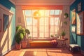 a bright and cheery room, with the sun shining through the window