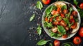 Bright cherry tomatoes and mixed greens salad garnished with pepper and salt on a dark surface. Royalty Free Stock Photo