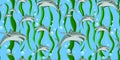 Bright childish fabric design. Print for children`s textiles. Sea world. Underwater inhabitants of oceanic patterns. Shark