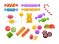 Bright childish sweet candy set. Multicolored delicious dessert lollipop, jelly bear, caramel treats Royalty Free Stock Photo