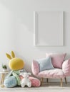 Bright children room with a simple blank wall and one 2x3 empty picture frame with white background AI Generated