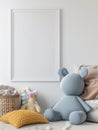 Bright children room with a simple blank wall and one 2x3 empty picture frame with white background AI Generated