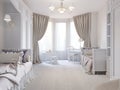 Bright children`s room in a classic style and white flowers, with two beds