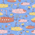 Bright children seamless pattern with the submarines and sea plants and animals. Royalty Free Stock Photo