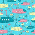 Bright children seamless pattern with the submarines and sea plants and animals. Royalty Free Stock Photo