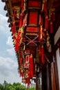 Bright chinese balls under a wooden roof. Jinhua. China