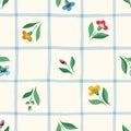 Bright Chintz Romantic Meadow Wildflowers and Windowpane Plaid Vector Seamless Pattern