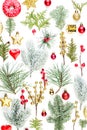 Bright Christmas background. Green fir branch, holly berries, golden stars and red baubles isolated on white background Royalty Free Stock Photo