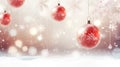 Bright Christmas background with red balloons and white snowflakes on pastel background with bokeh lights. Royalty Free Stock Photo