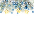 Bright Christmas composition with blue frozen berries, stars, golden garland and snowy Xmas tree branch isolated on white Royalty Free Stock Photo