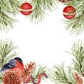 Bright Christmas composition with pine tree branches, red baubles, bullfinch and pinecones. Square frame design ready for your Royalty Free Stock Photo