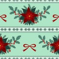 Bright christmas decoration poinsettia flower holly leaves seamless pattern with horizontal rhombus ornament