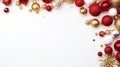 , red & gold christmas decorations on white background. Copy space. Winter holidays, New Year Royalty Free Stock Photo