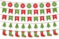 Bright Christmas garlands. Merry Christmas background with xmas bunting flags, balls, christmas trees, socks. Winter holiday desig