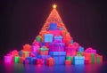 a bright christmas neon light glowing shiny pile holiday gifts presents tree greeting card seasons greetings eve night holidays Royalty Free Stock Photo
