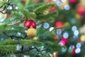 Bright Christmas spurse tree with decorations, christmas balls, colorful garlands, bokeh. Colorful festive backdrop