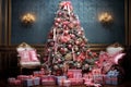 Bright christmas tree with with pink ribbons and gifts Royalty Free Stock Photo