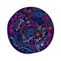 A bright circle with a summer ornament. Flowers, bugs, dragonfly, cloud. Element for your design.