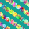 Bright circles lines abstract grunge colorful splashes texture watercolor seamless pattern design in yellow, green, pink Royalty Free Stock Photo