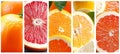 Bright citrus fruit products collage with white vertical lines, showcasing refreshing segments