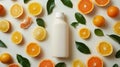 Bright Citrus Fruit and White Bottle with Green Leaves in Flat Lay Composition Royalty Free Stock Photo