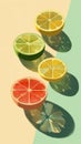 Bright citrus halves casting long soft shadows on pastel split background, vibrant grapefruit, lemon and lime slices evoking Royalty Free Stock Photo