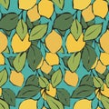 Bright citrus Seamless lemon pattern. Branch Fruits background. Leaves and lemons. Fresh fruit vector illustration.