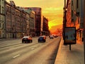 Bright city sunset on urban streets