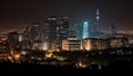 Bright cityscape with skyscrapers and illuminated buildings, reflecting vibrant colors generated by AI