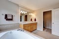 Bright and clean bathroom interior with double sink vanity cabinet. Royalty Free Stock Photo