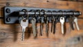 Bright and clean key rack holding various sized keys. concept of organization, home security, key management Royalty Free Stock Photo