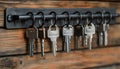Bright and clean key rack holding various sized keys. concept of organization, home security, key management Royalty Free Stock Photo