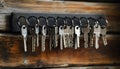 Bright and clean key rack holding various sized keys. concept of organization, home security, key management Royalty Free Stock Photo