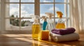 Bright clean room with sunlight, open windows and cleaning tools arranged for use during the day Royalty Free Stock Photo