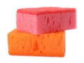 Bright cleaning sponges with abrasive scourers on white background Royalty Free Stock Photo