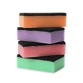 Bright cleaning sponges with abrasive scourers on white background Royalty Free Stock Photo