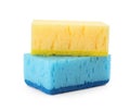 Bright cleaning sponges with abrasive scourers on white background Royalty Free Stock Photo