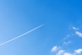 Bright clear blue sky background with diagonal jet plane trace, track, Airplane trace, condensation trails, vapor trails Royalty Free Stock Photo