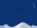 Bright clear blue sky, a star, big moon crescent, flying birds flock and mountains hills illustration in blue and white.